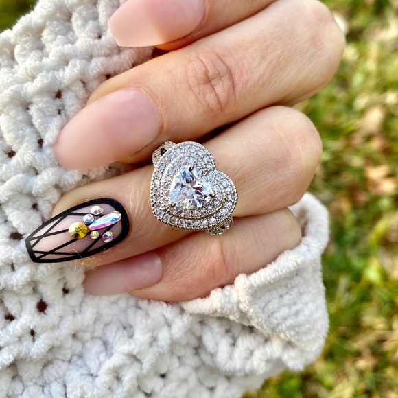 925 Silver Ring Heart Shaped Sapphire Wedding - Picture 7 of 10